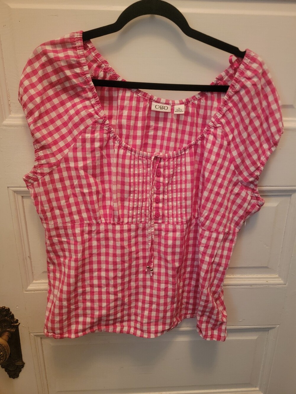 Cato Pink & White Gingham Button-Front Peasant Blouse